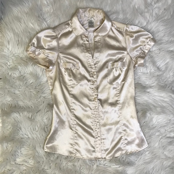 Beige Silky Button Down Top - Picture 1 of 6